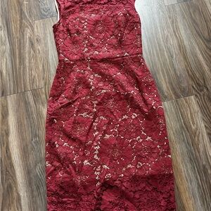 ANTONIO MELANI Wine Red Lace Midi Sheath Dress